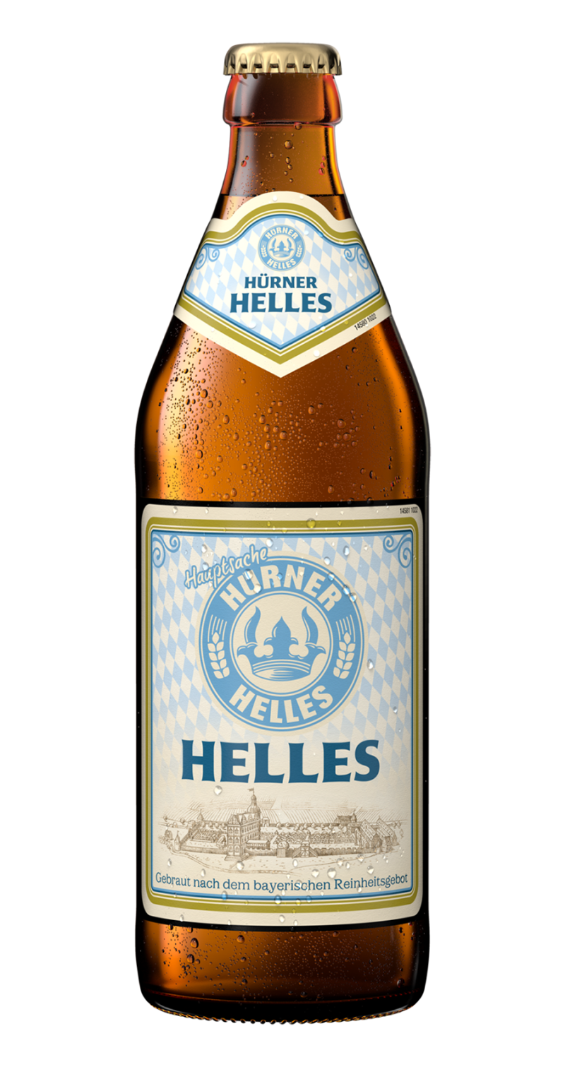 Eine Flasche Helles-Bier der Marke Hürner mit einem blauen Etikett.